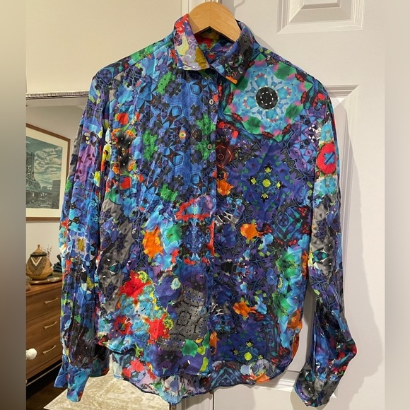 Multicolor Abstract Pattern Silk Button Down Shirt - Picture 3 of 8